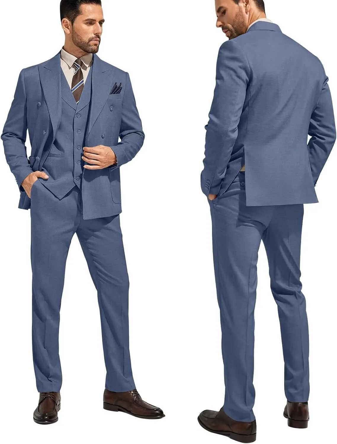 3 Piece Mens Suit Slim Fit Double Breasted Tuxedo Suits Solid Blazer Jacket Vest Pants Set Wedding Prom Outfit for Men