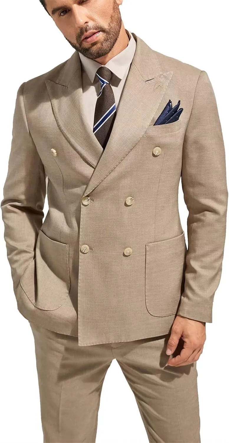 3 Piece Mens Suit Slim Fit Double Breasted Tuxedo Suits Solid Blazer Jacket Vest Pants Set Wedding Prom Outfit for Men