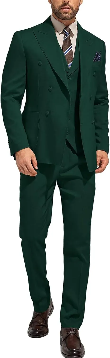3 Piece Mens Suit Slim Fit Double Breasted Tuxedo Suits Solid Blazer Jacket Vest Pants Set Wedding Prom Outfit for Men