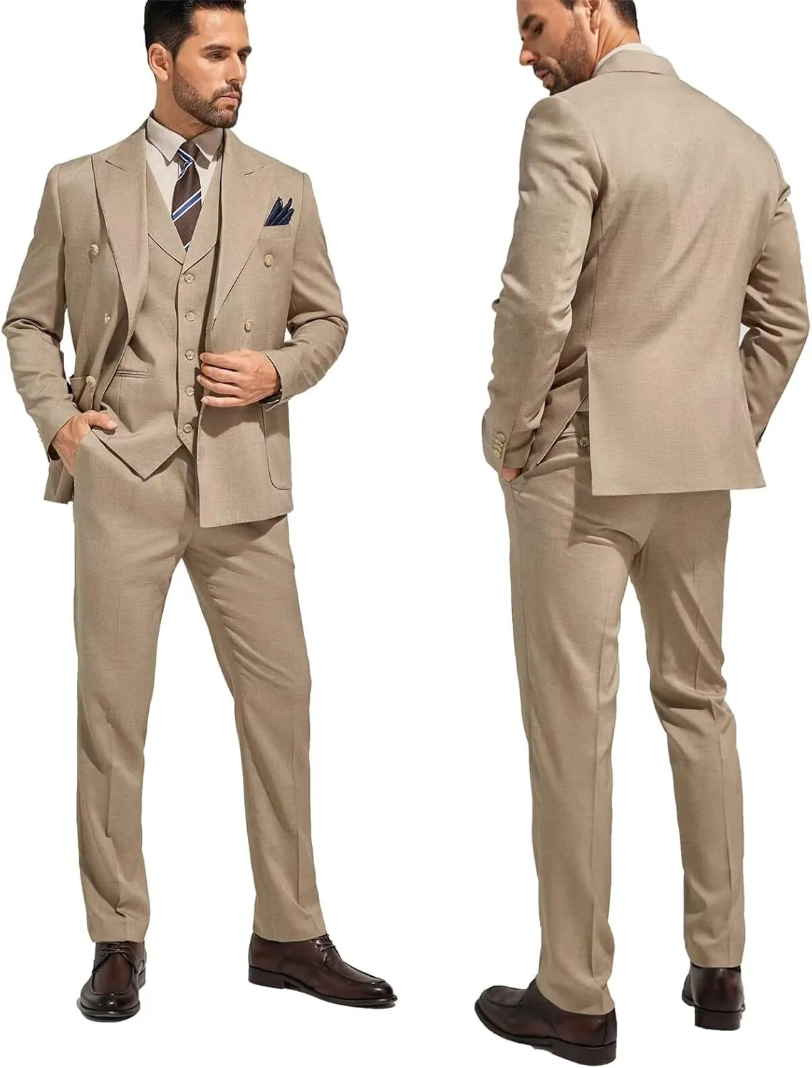 3 Piece Mens Suit Slim Fit Double Breasted Tuxedo Suits Solid Blazer Jacket Vest Pants Set Wedding Prom Outfit for Men