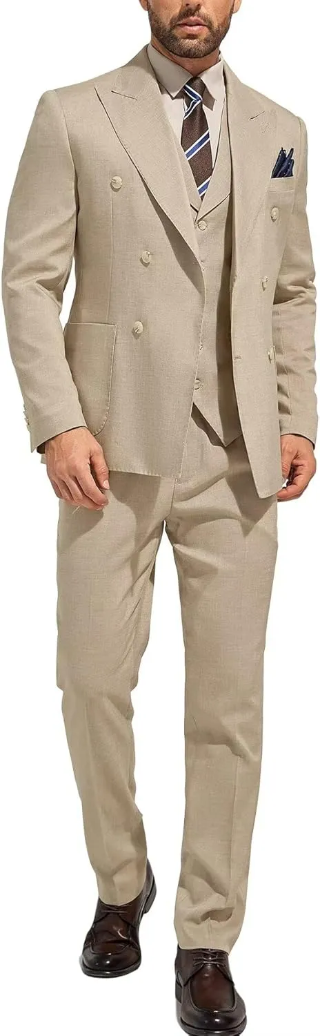 3 Piece Mens Suit Slim Fit Double Breasted Tuxedo Suits Solid Blazer Jacket Vest Pants Set Wedding Prom Outfit for Men