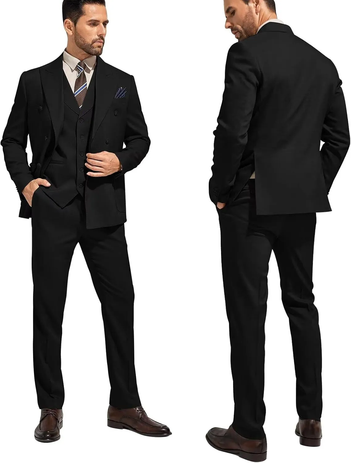 3 Piece Mens Suit Slim Fit Double Breasted Tuxedo Suits Solid Blazer Jacket Vest Pants Set Wedding Prom Outfit for Men