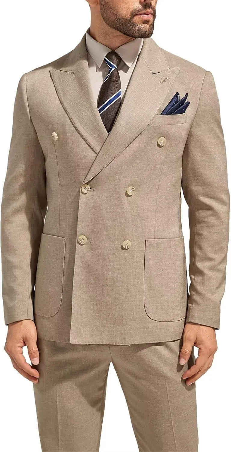 3 Piece Mens Suit Slim Fit Double Breasted Tuxedo Suits Solid Blazer Jacket Vest Pants Set Wedding Prom Outfit for Men