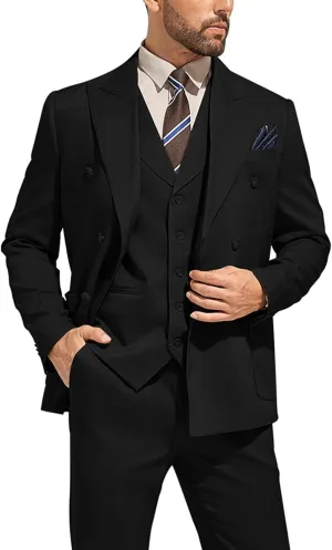 3 Piece Mens Suit Slim Fit Double Breasted Tuxedo Suits Solid Blazer Jacket Vest Pants Set Wedding Prom Outfit for Men