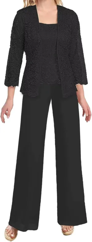 3 Piece Mother of The Bride Pant Suits with Jacket Chiffon Elegant Wedding Guest Party Formal Outfit