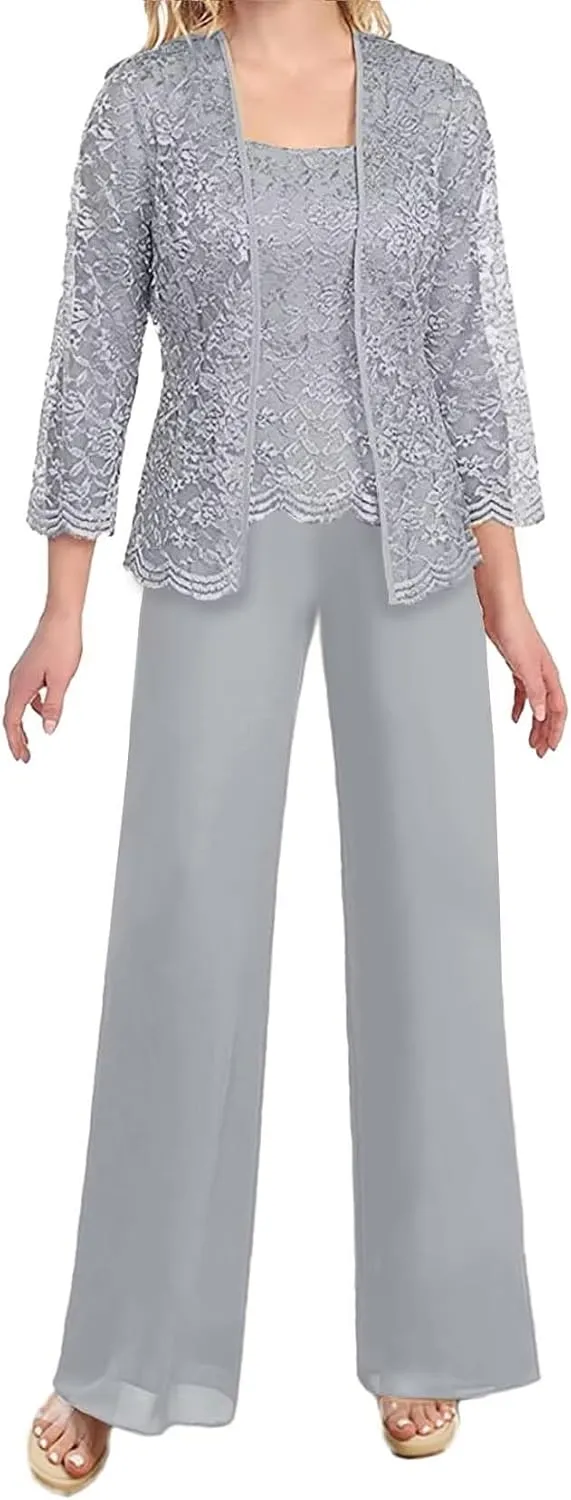 3 Piece Mother of The Bride Pant Suits with Jacket Chiffon Elegant Wedding Guest Party Formal Outfit