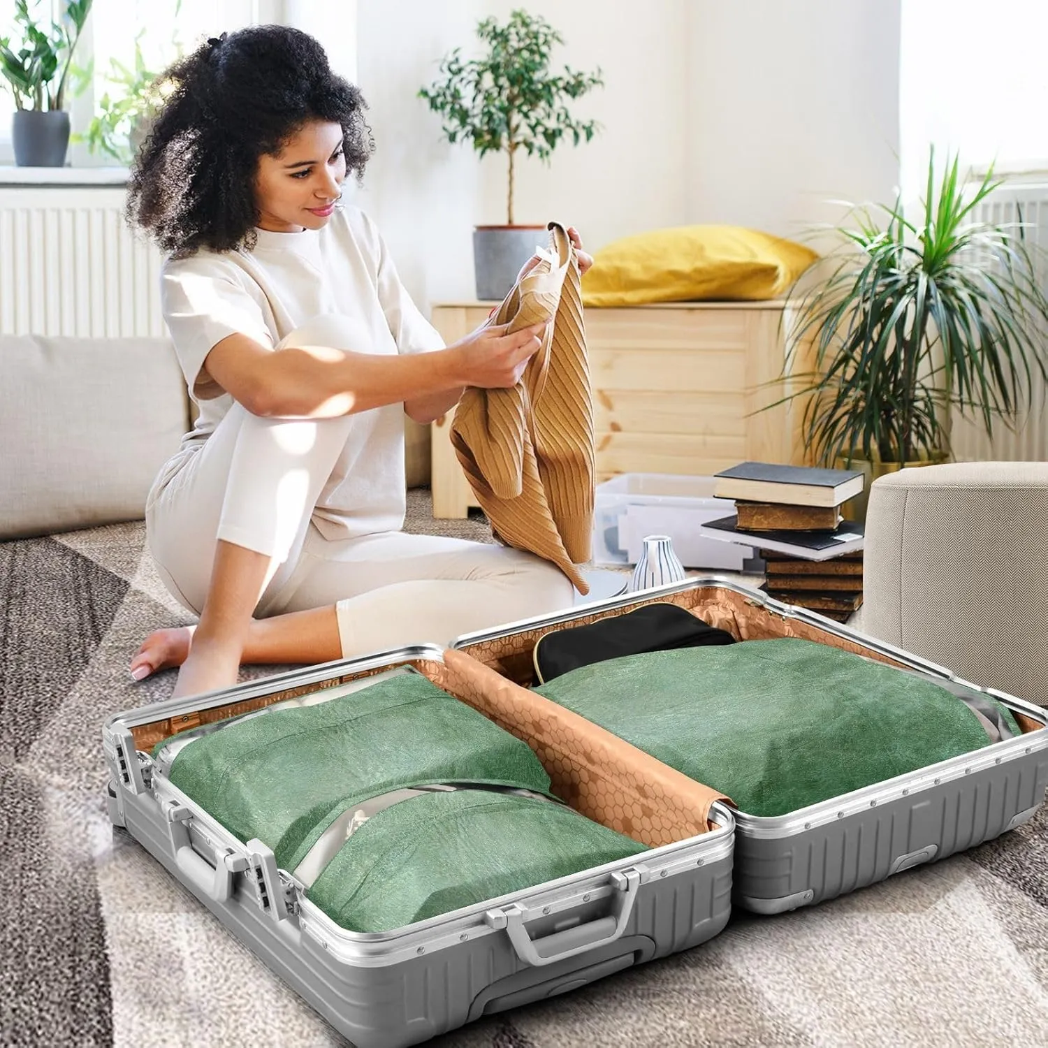 3 Set Travel Packing Cubes For Suitcases, Beautiful Green Leather, Stackable, Garment Bag Closet Storage, Luggage Space Saver, Organizadores De Maletas Para