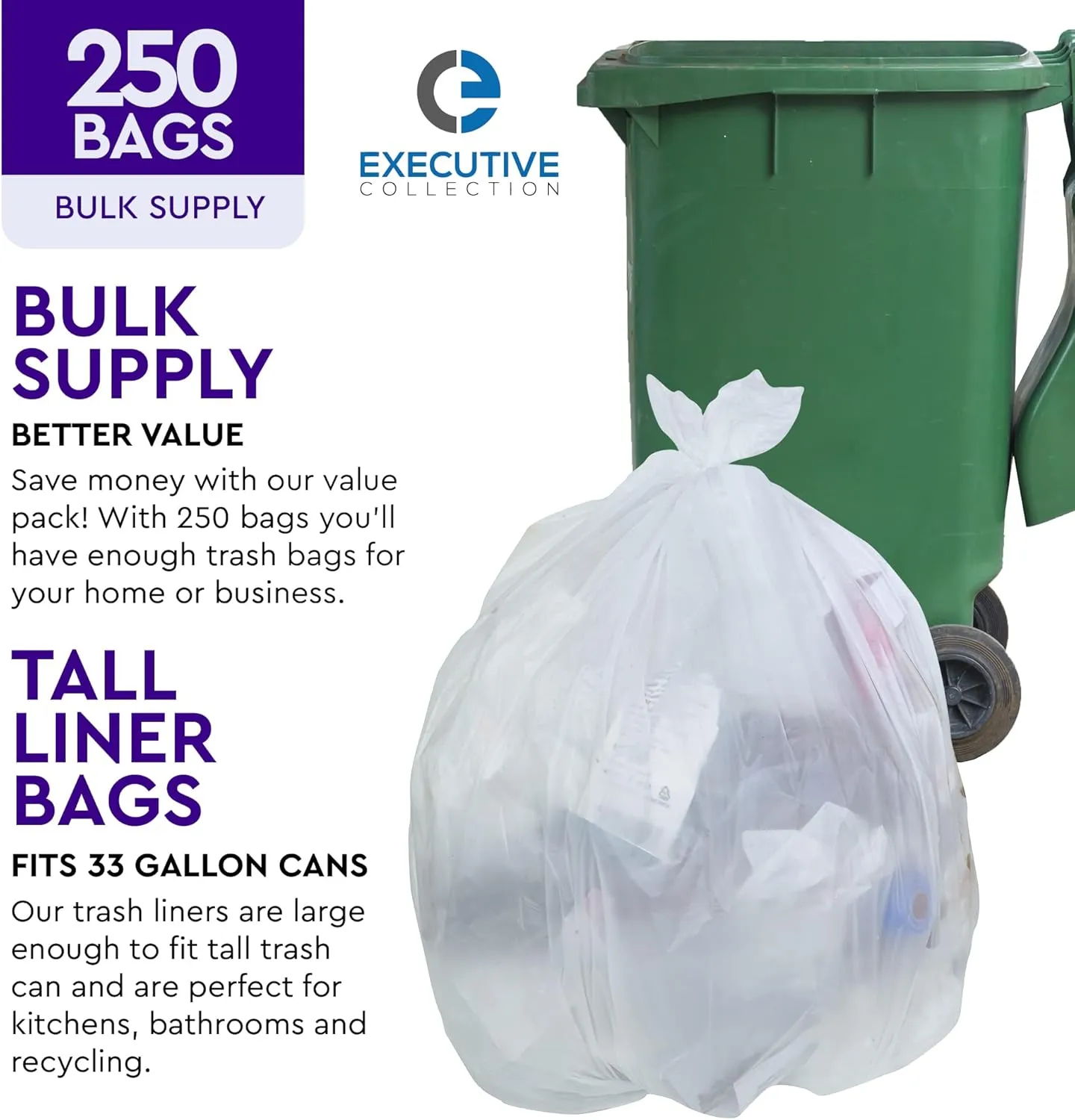 33 Gallon Trash Bags - 250 Count - 33" x 40" Clear Plastic Garbage Bags Tall Can Liners - Cleaning Products for Home, Office Bulk Trash, Light Residential or Commercial Waste, Indoor and Outdoor Use