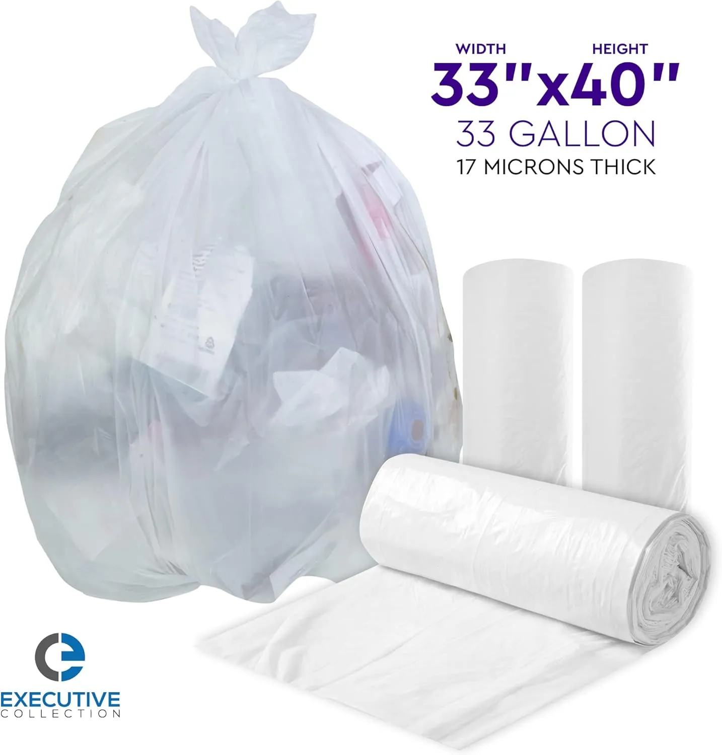 33 Gallon Trash Bags - 250 Count - 33" x 40" Clear Plastic Garbage Bags Tall Can Liners - Cleaning Products for Home, Office Bulk Trash, Light Residential or Commercial Waste, Indoor and Outdoor Use