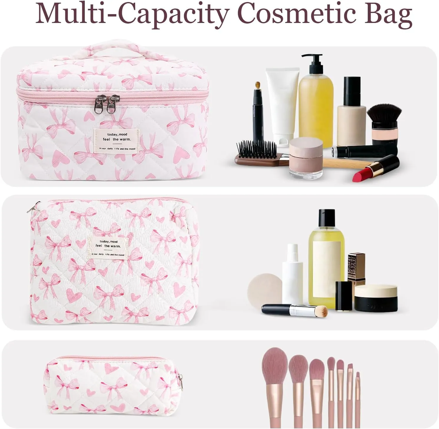 3Pcs Cotton Quilted Makeup Bag Set,Large Floral Cosmetic BagAesthetic Toiletry Travel Makeup Bag Set and Cute Flower Bag for Women Girls (Love Bow)