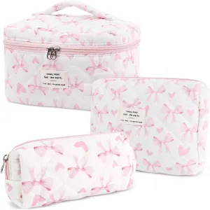 3Pcs Cotton Quilted Makeup Bag Set,Large Floral Cosmetic BagAesthetic Toiletry Travel Makeup Bag Set and Cute Flower Bag for Women Girls (Love Bow)