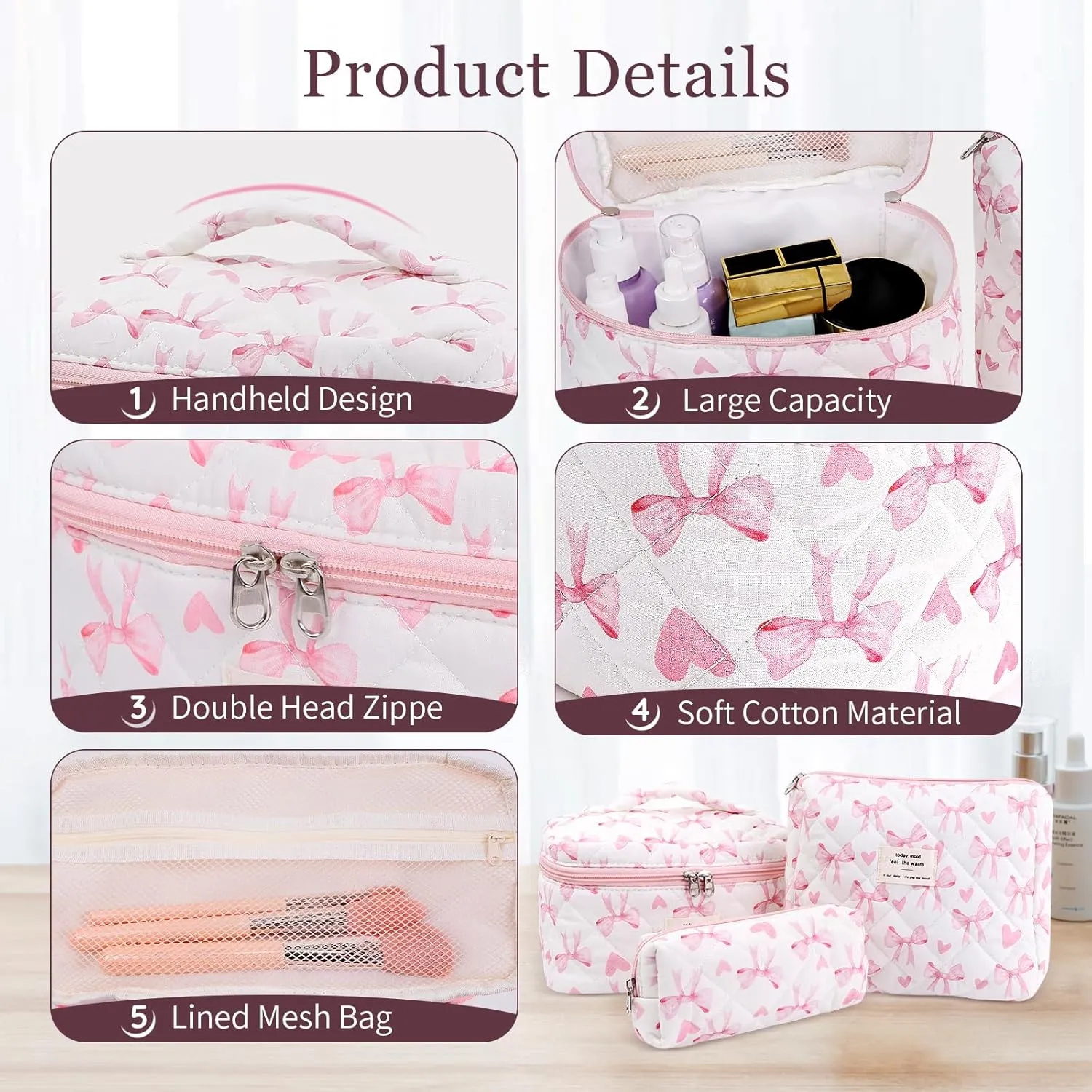 3Pcs Cotton Quilted Makeup Bag Set,Large Floral Cosmetic BagAesthetic Toiletry Travel Makeup Bag Set and Cute Flower Bag for Women Girls (Love Bow)