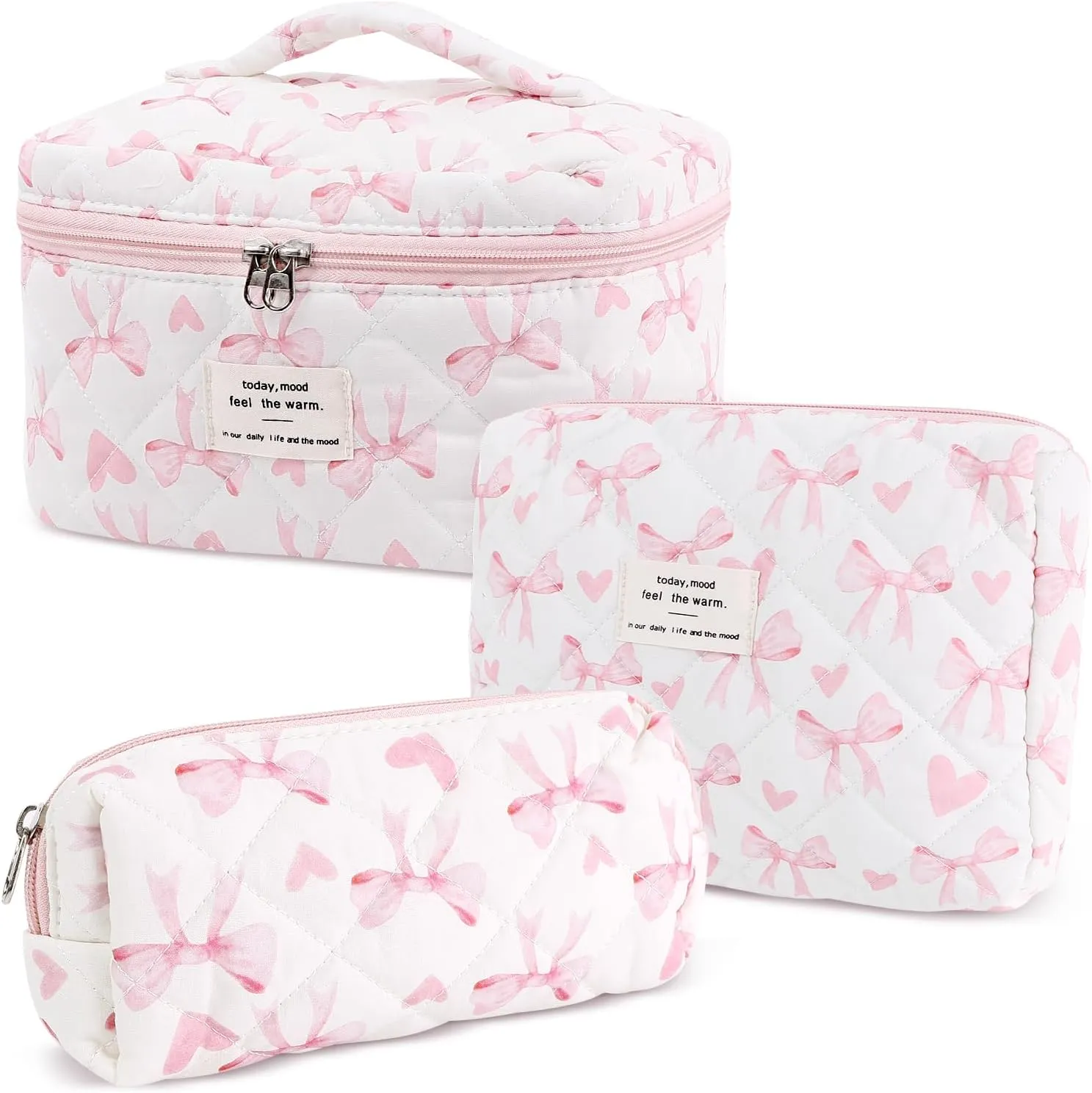 3Pcs Cotton Quilted Makeup Bag Set,Large Floral Cosmetic BagAesthetic Toiletry Travel Makeup Bag Set and Cute Flower Bag for Women Girls (Love Bow)