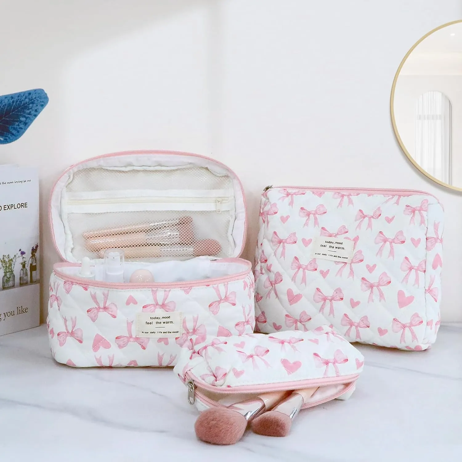 3Pcs Cotton Quilted Makeup Bag Set,Large Floral Cosmetic BagAesthetic Toiletry Travel Makeup Bag Set and Cute Flower Bag for Women Girls (Love Bow)