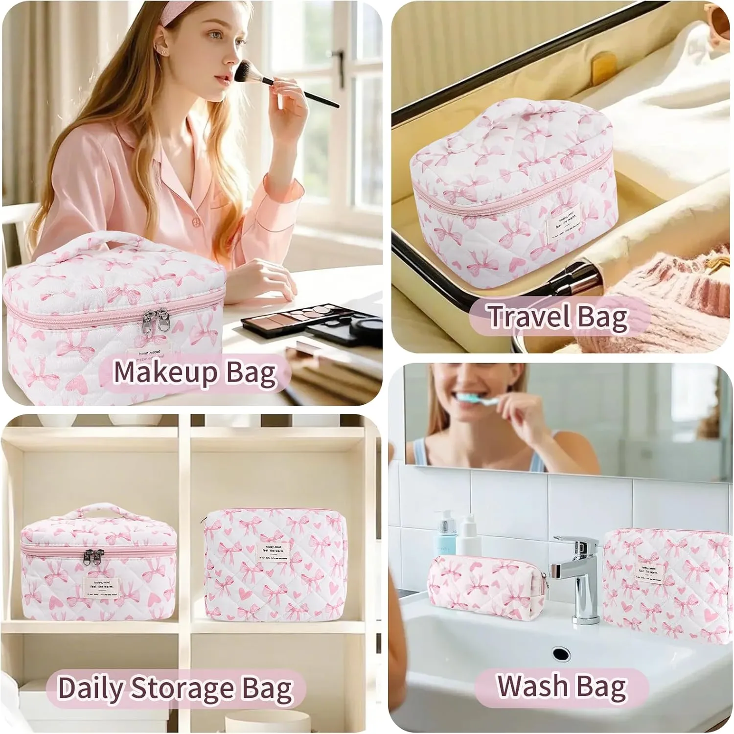 3Pcs Cotton Quilted Makeup Bag Set,Large Floral Cosmetic BagAesthetic Toiletry Travel Makeup Bag Set and Cute Flower Bag for Women Girls (Love Bow)