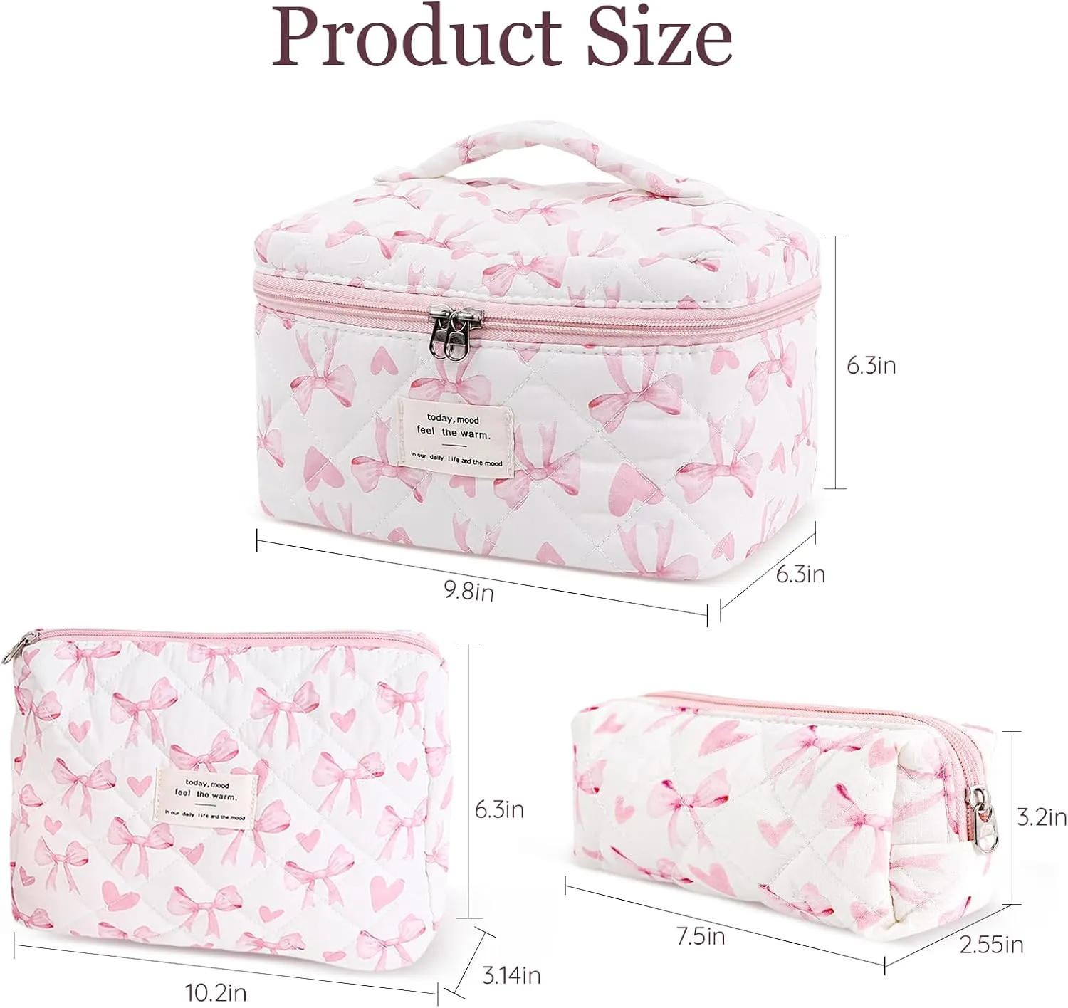 3Pcs Cotton Quilted Makeup Bag Set,Large Floral Cosmetic BagAesthetic Toiletry Travel Makeup Bag Set and Cute Flower Bag for Women Girls (Love Bow)