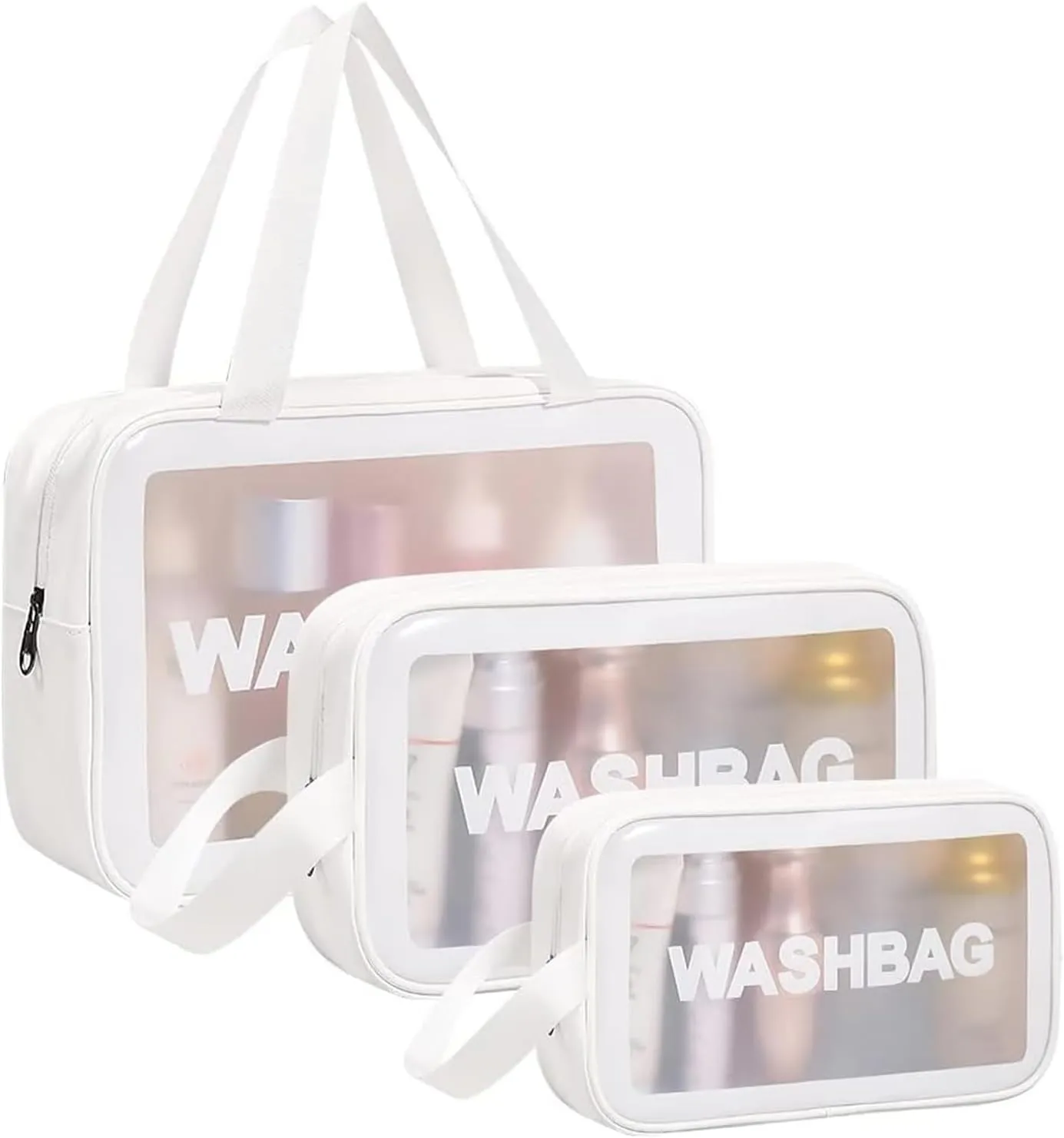 4PCS Clear Toiletry Bags, Wash Bag, Clear PU Makeup Bag, Waterproof Toiletry Travel Bag with Zipper Handle, Portable Airport Cosmetic Bag for Travel Bathroom Men Women (White)