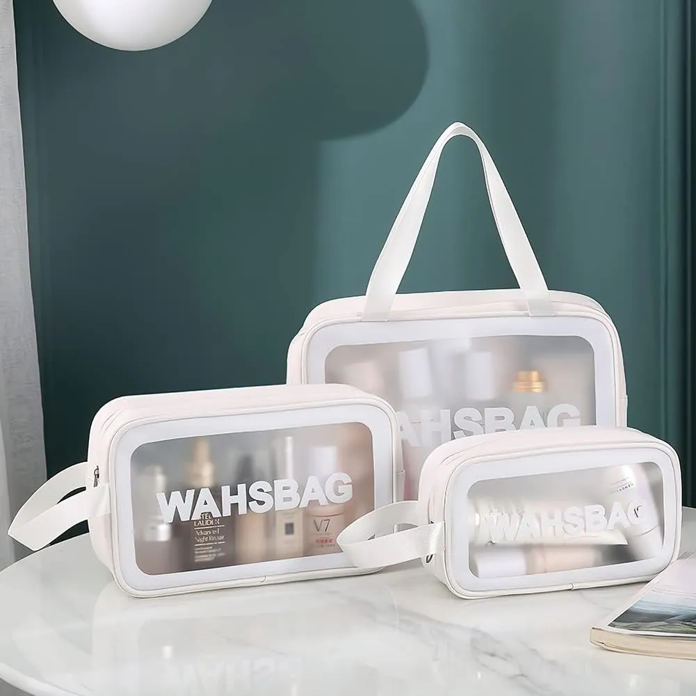 4PCS Clear Toiletry Bags, Wash Bag, Clear PU Makeup Bag, Waterproof Toiletry Travel Bag with Zipper Handle, Portable Airport Cosmetic Bag for Travel Bathroom Men Women (White)
