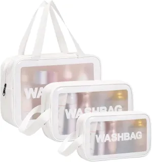 4PCS Clear Toiletry Bags, Wash Bag, Clear PU Makeup Bag, Waterproof Toiletry Travel Bag with Zipper Handle, Portable Airport Cosmetic Bag for Travel Bathroom Men Women (White)
