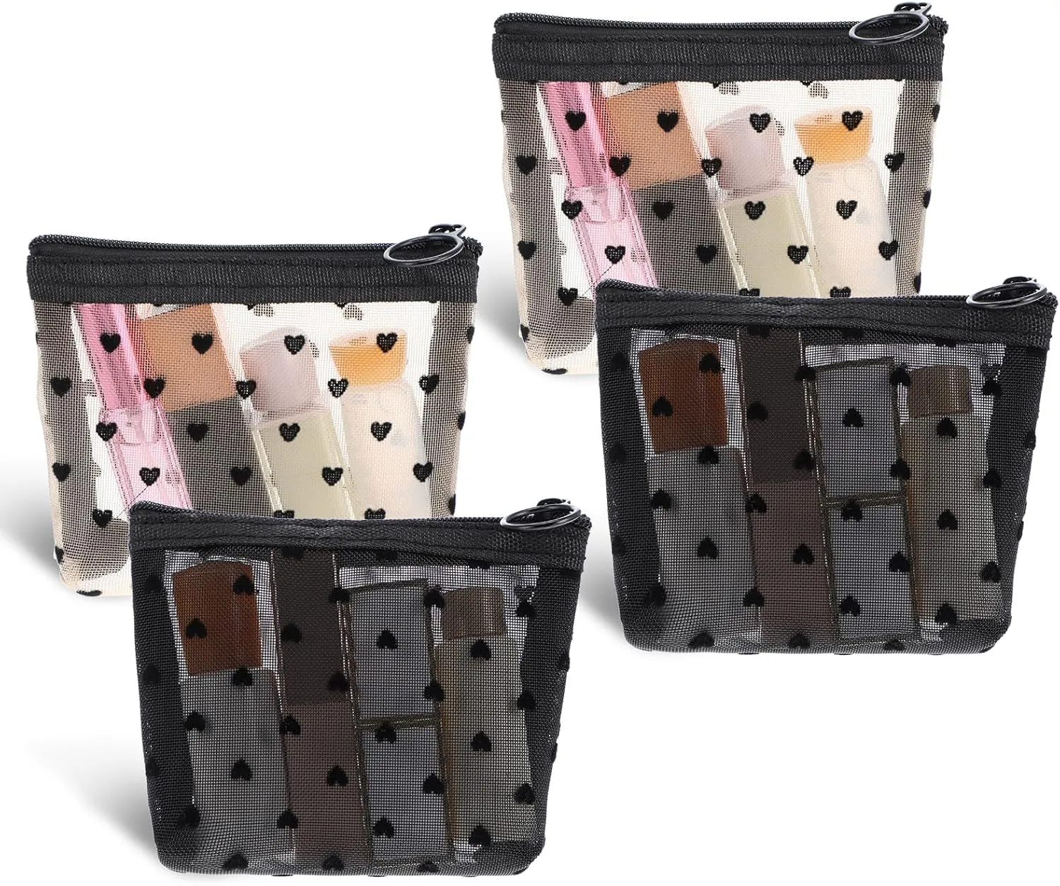 4PCS Mesh Makeup Bag Mini Heart Print Cosmetic Bag for Purse, Portable Toiletry Organizer Bags Zipper Mesh Storage Pouch for Women Beauty Makeup Lipstick Cosmetic Accessories(Black/Beige)