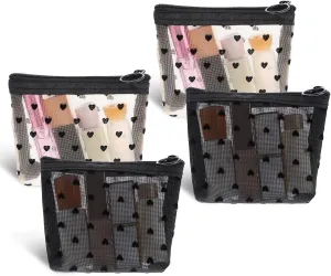 4PCS Mesh Makeup Bag Mini Heart Print Cosmetic Bag for Purse, Portable Toiletry Organizer Bags Zipper Mesh Storage Pouch for Women Beauty Makeup Lipstick Cosmetic Accessories(Black/Beige)
