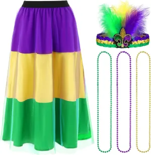 5 Pcs Mardi Gras Costume Accessory Set Skirts Mesh Long Skirt Mardi Gras Feather Headband Beads Necklace