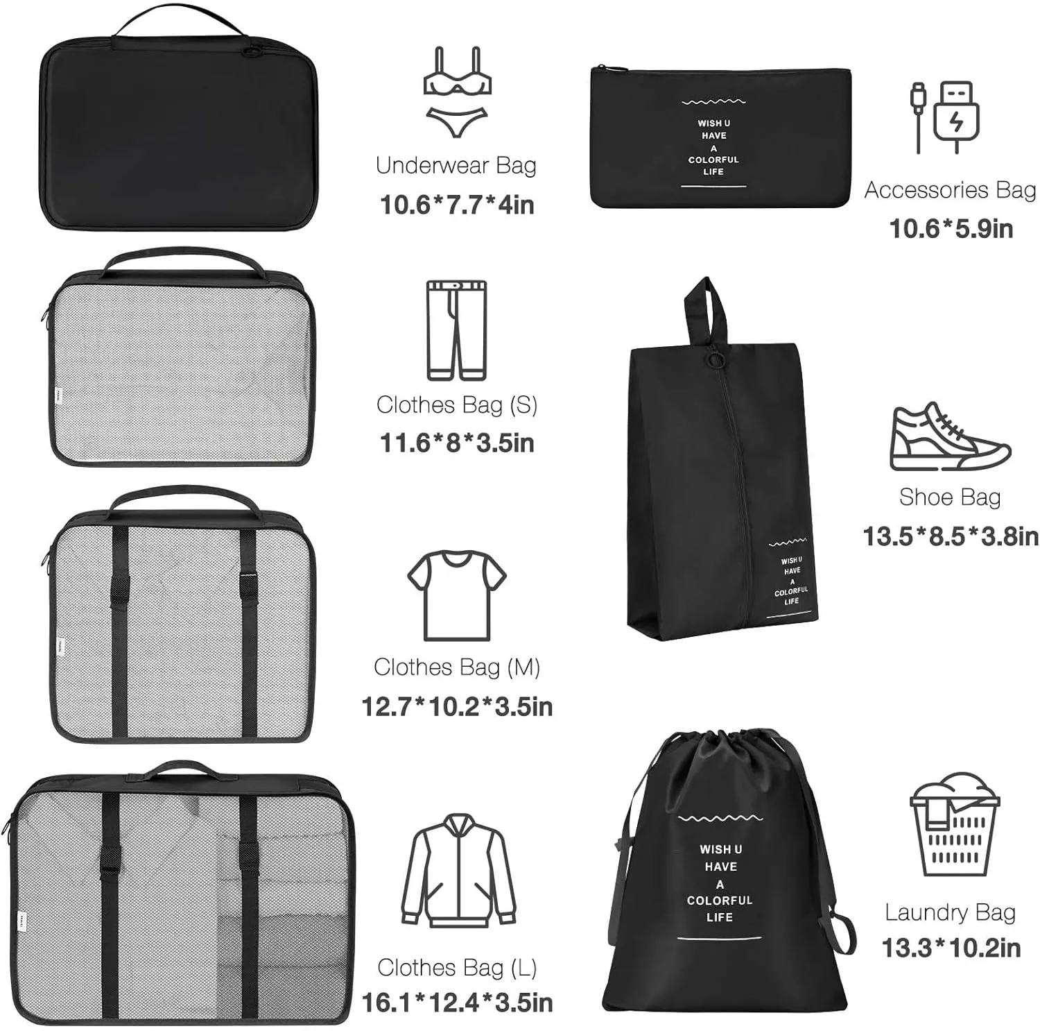 7 Set Packing Cubes for Suitcases,Packing Cube with Shoe, Cosmetics, Clothing, and Accessories Bags Packing Cubes for Travel Luggage Organizer Women Men(Black)