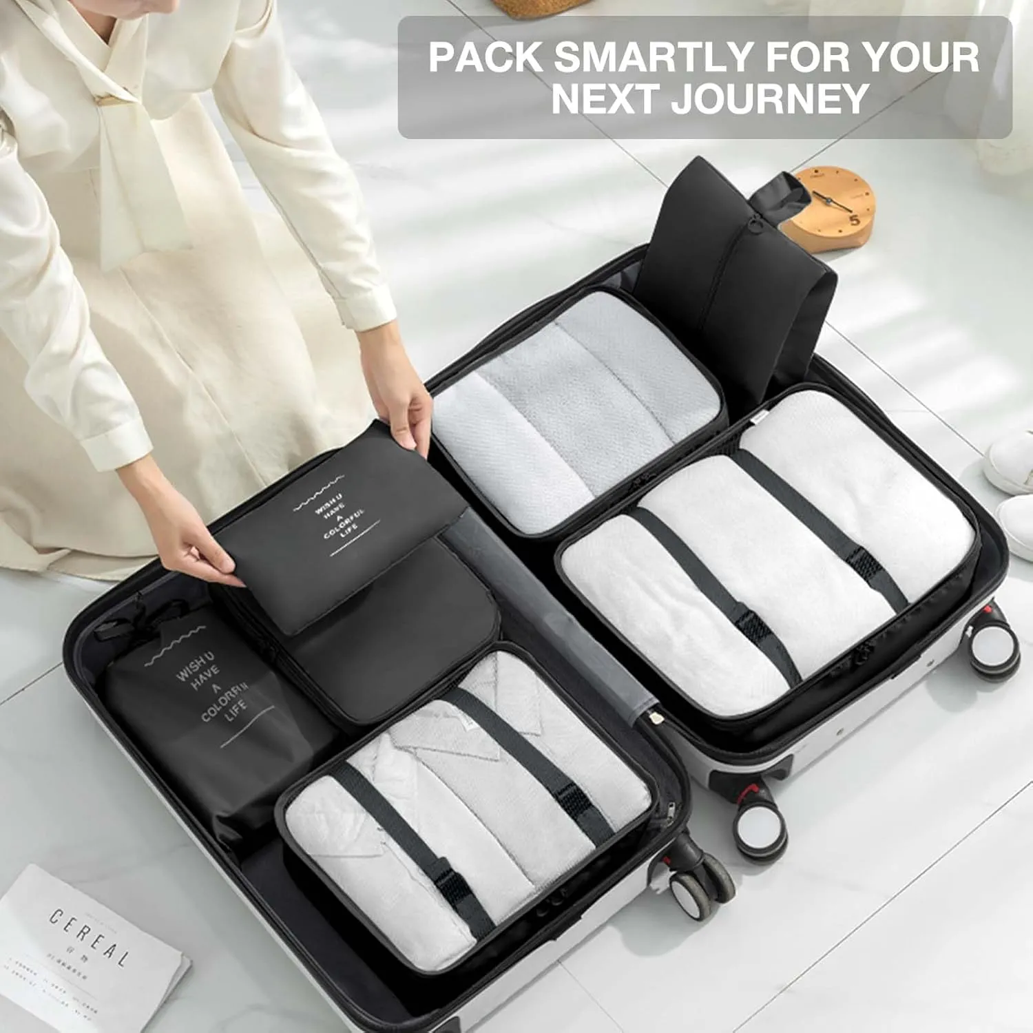 7 Set Packing Cubes for Suitcases,Packing Cube with Shoe, Cosmetics, Clothing, and Accessories Bags Packing Cubes for Travel Luggage Organizer Women Men(Black)