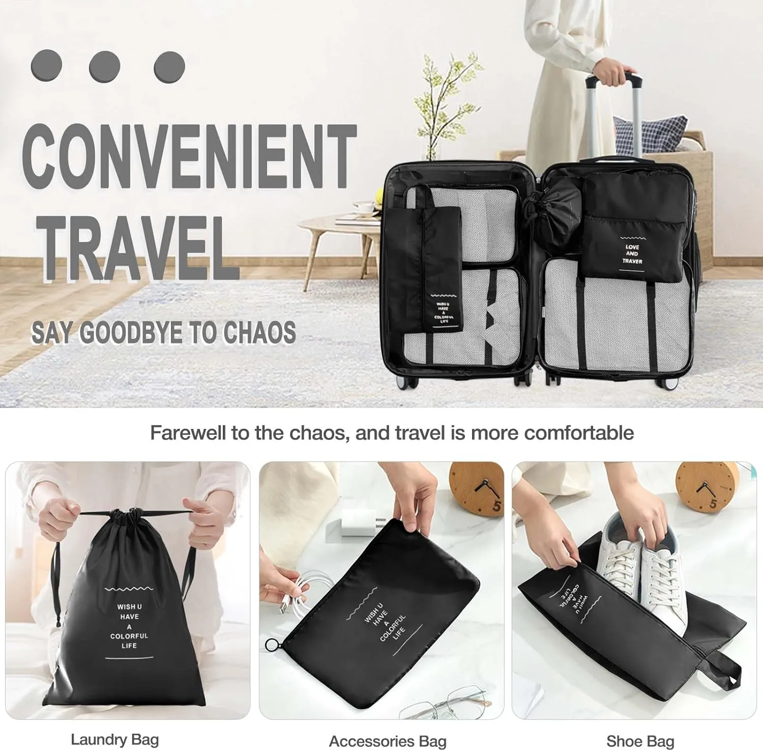 7 Set Packing Cubes for Suitcases,Packing Cube with Shoe, Cosmetics, Clothing, and Accessories Bags Packing Cubes for Travel Luggage Organizer Women Men(Black)