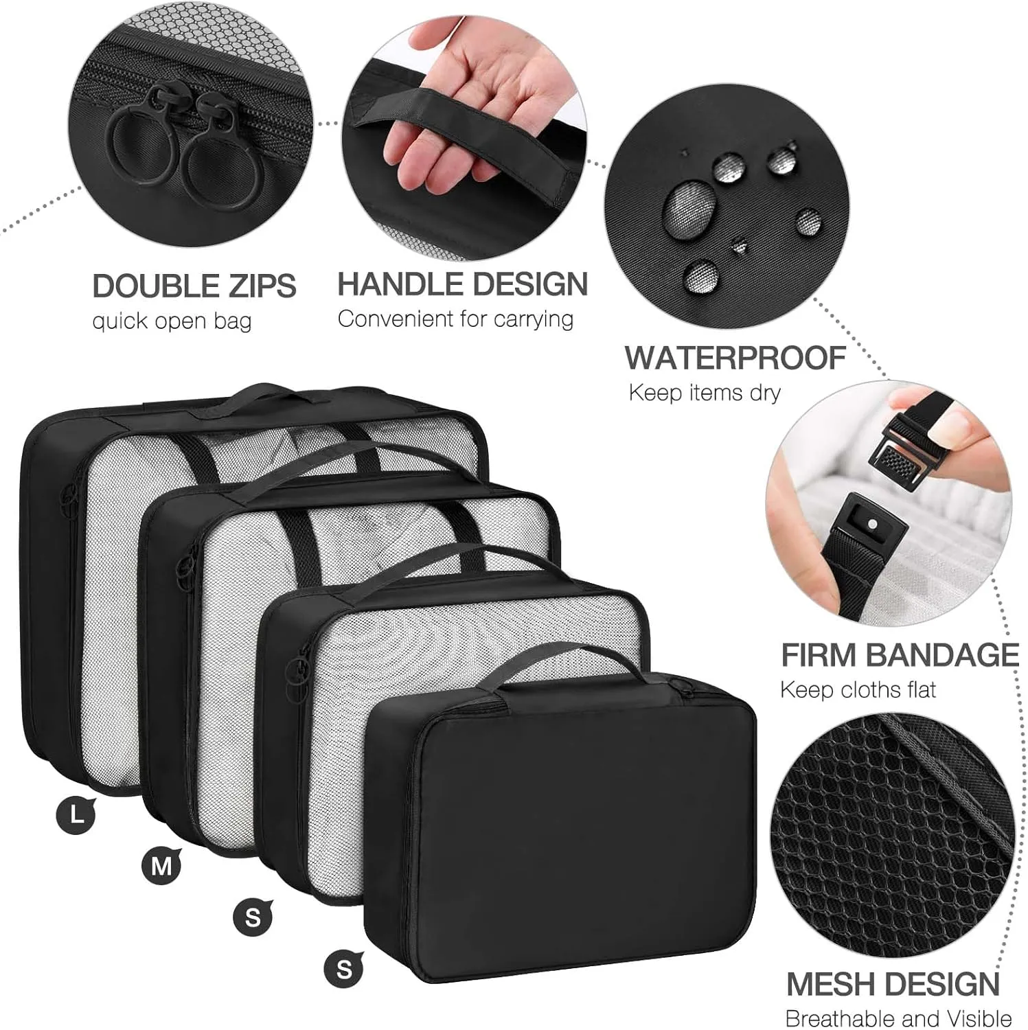 7 Set Packing Cubes for Suitcases,Packing Cube with Shoe, Cosmetics, Clothing, and Accessories Bags Packing Cubes for Travel Luggage Organizer Women Men(Black)