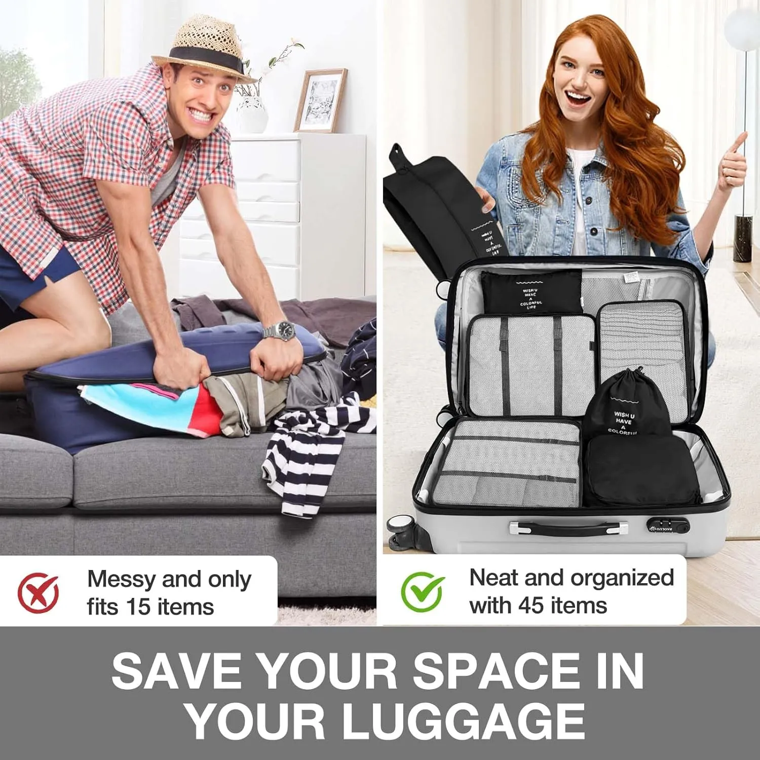 7 Set Packing Cubes for Suitcases,Packing Cube with Shoe, Cosmetics, Clothing, and Accessories Bags Packing Cubes for Travel Luggage Organizer Women Men(Black)