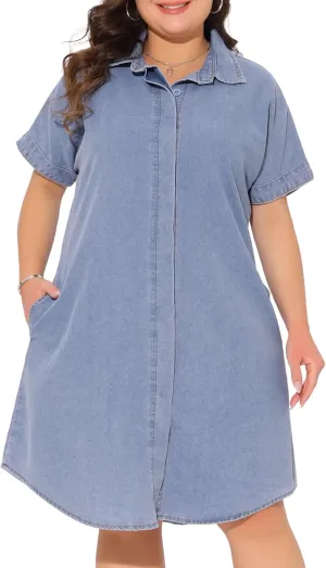 Agnes Orinda Plus Size Denim Dress for Women Short Sleeve Button Down with Pockets Midi Jean Denim Shirt Dresses