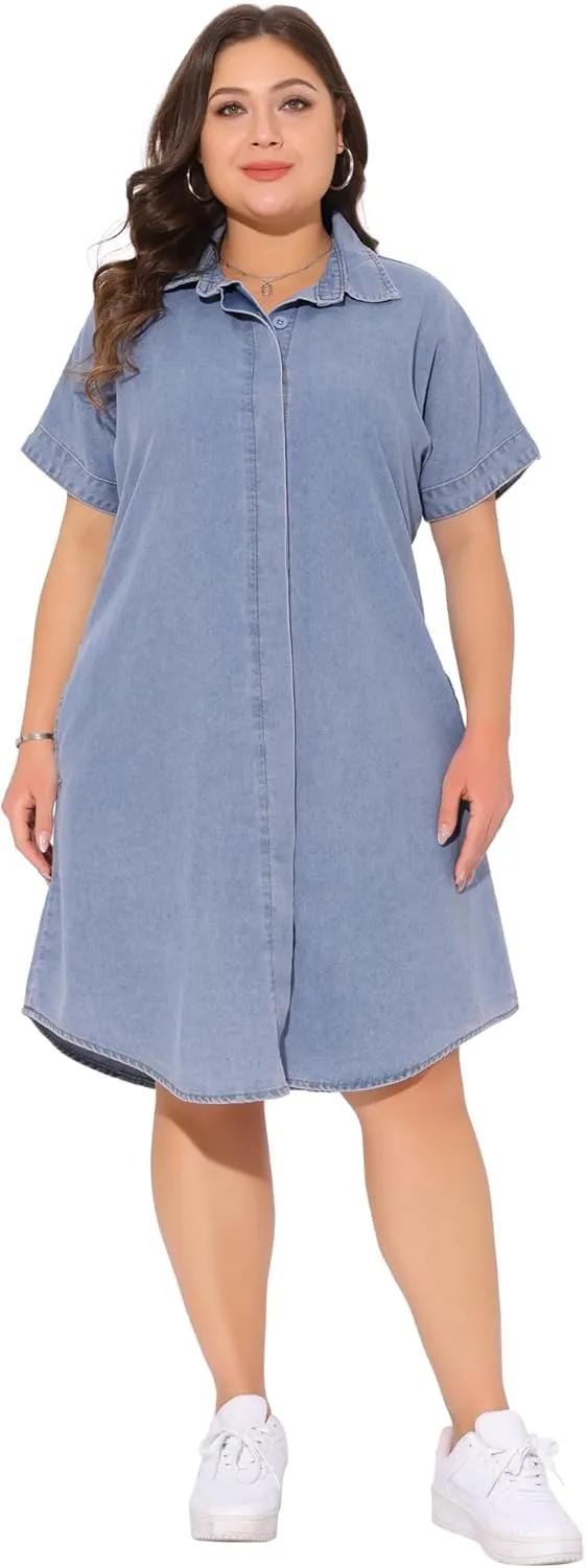 Agnes Orinda Plus Size Denim Dress for Women Short Sleeve Button Down with Pockets Midi Jean Denim Shirt Dresses