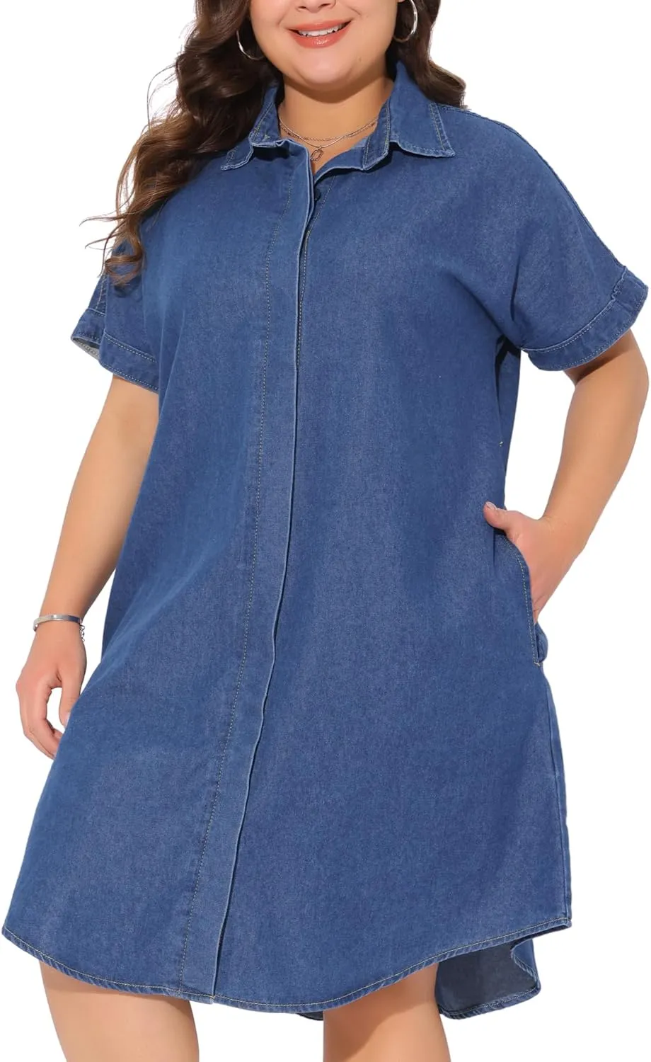 Agnes Orinda Plus Size Denim Dress for Women Short Sleeve Button Down with Pockets Midi Jean Denim Shirt Dresses