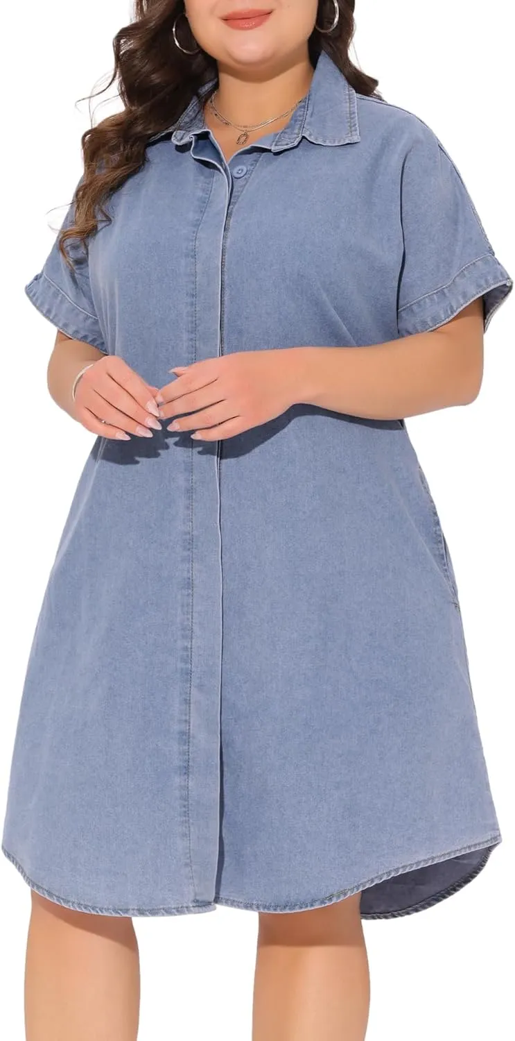 Agnes Orinda Plus Size Denim Dress for Women Short Sleeve Button Down with Pockets Midi Jean Denim Shirt Dresses