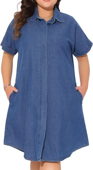 Agnes Orinda Plus Size Denim Dress for Women Short Sleeve Button Down with Pockets Midi Jean Denim Shirt Dresses
