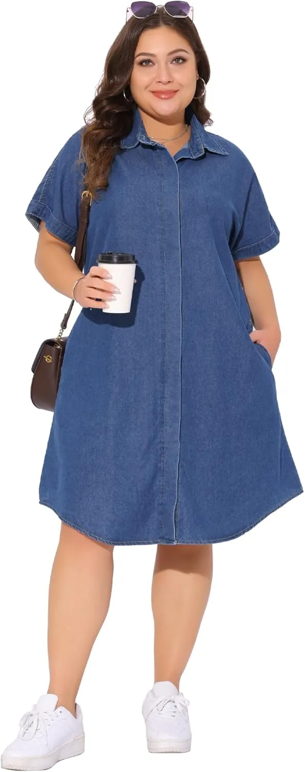 Agnes Orinda Plus Size Denim Dress for Women Short Sleeve Button Down with Pockets Midi Jean Denim Shirt Dresses
