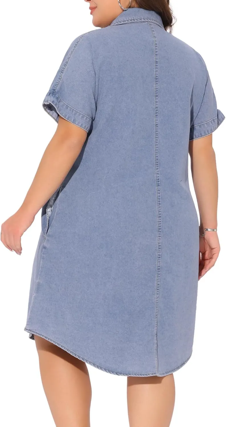 Agnes Orinda Plus Size Denim Dress for Women Short Sleeve Button Down with Pockets Midi Jean Denim Shirt Dresses