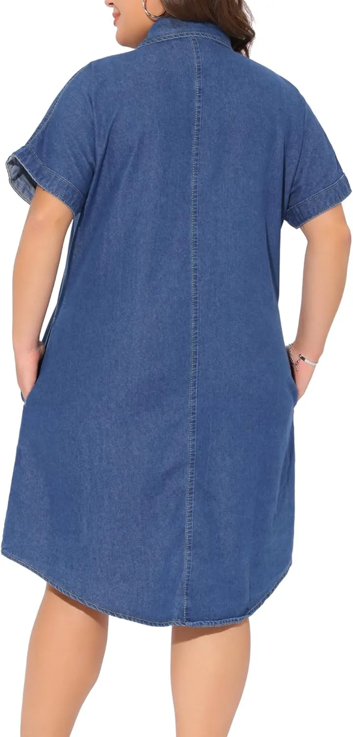 Agnes Orinda Plus Size Denim Dress for Women Short Sleeve Button Down with Pockets Midi Jean Denim Shirt Dresses