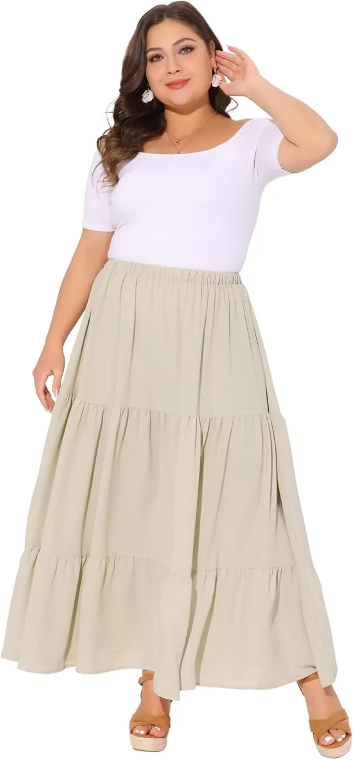 Agnes Orinda Plus Size Women's Swing Maxi Skirt Elastic High Waist Boho Flowy Casual Aline Long Beach Skirts