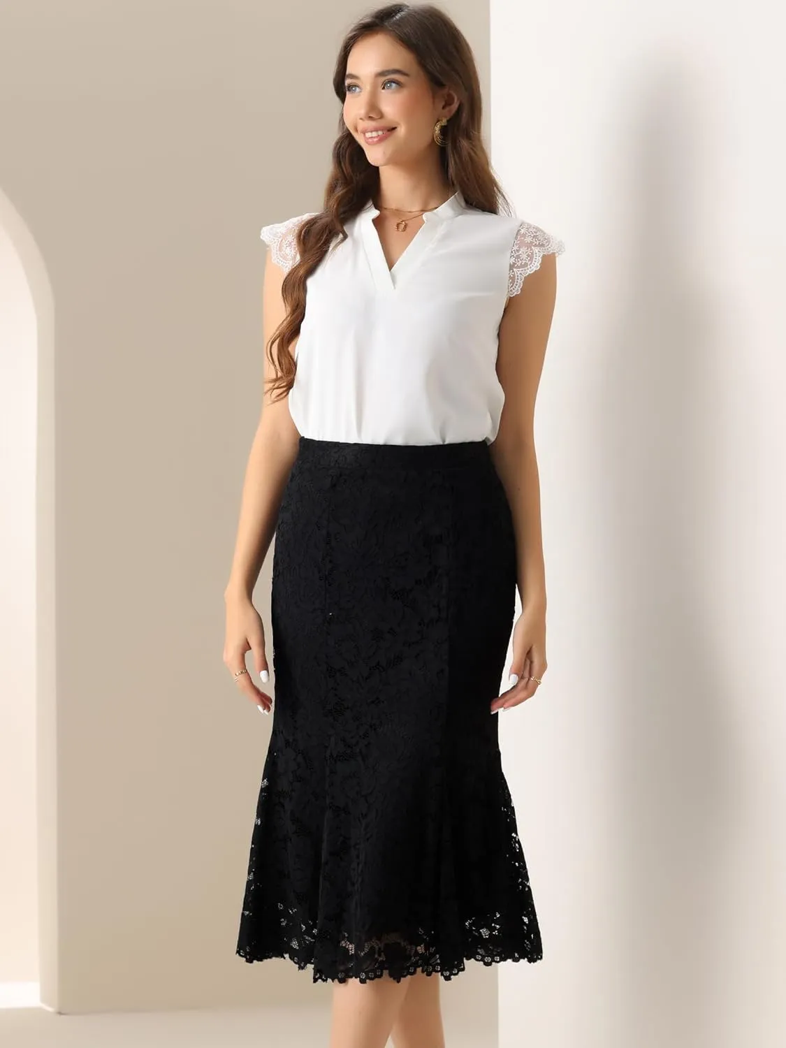 Allegra K Lace Pencil Skirt for Women's Office Work Bodycon Fishtail Midi Skirts