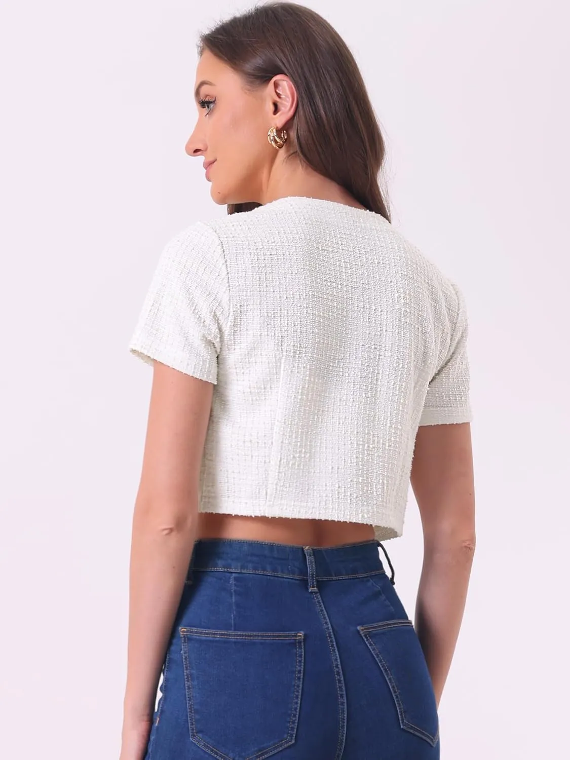 Allegra K Tweed Cardigan for Women Vintage Open Front Short Sleeve Crop Outwear
