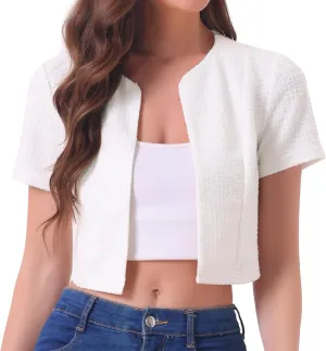 Allegra K Tweed Cardigan for Women Vintage Open Front Short Sleeve Crop Outwear