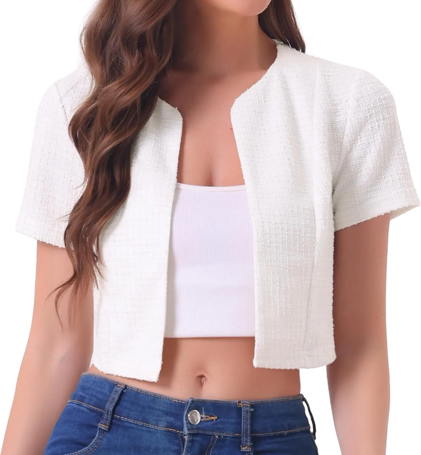 Allegra K Tweed Cardigan for Women Vintage Open Front Short Sleeve Crop Outwear