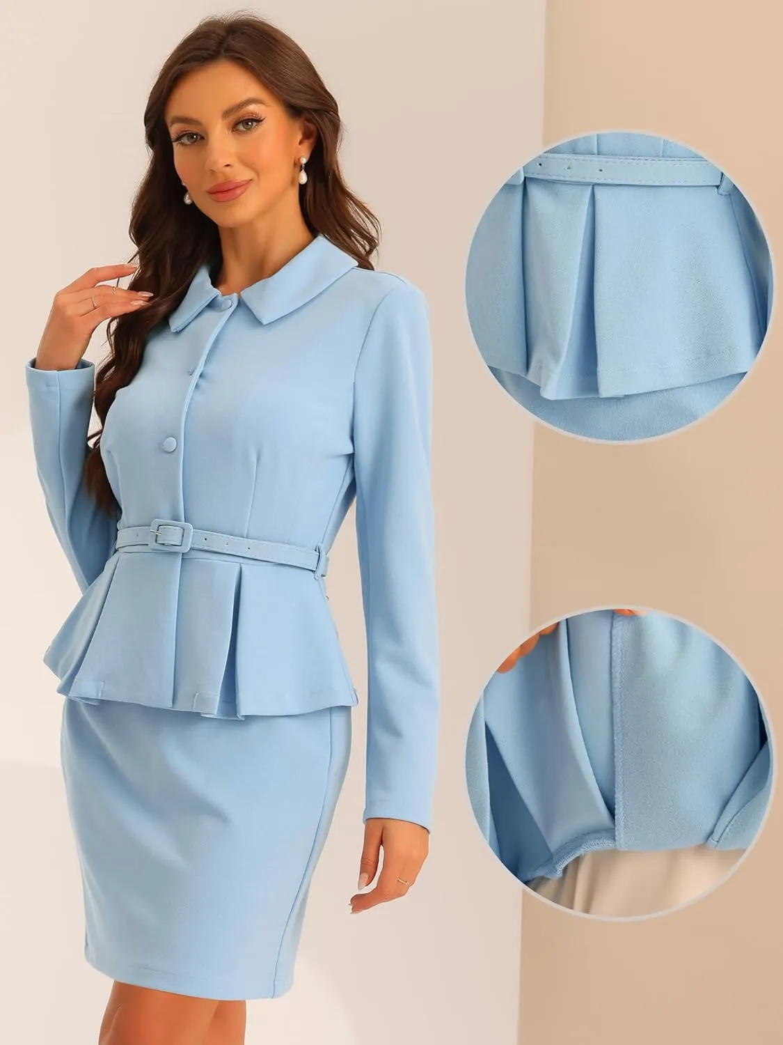 Allegra K Two Pieces Suits for Women's Business Peplum Blazer Jacket Mini Pencil Skirt Sets