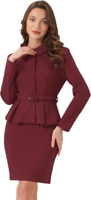 Allegra K Two Pieces Suits for Women's Business Peplum Blazer Jacket Mini Pencil Skirt Sets