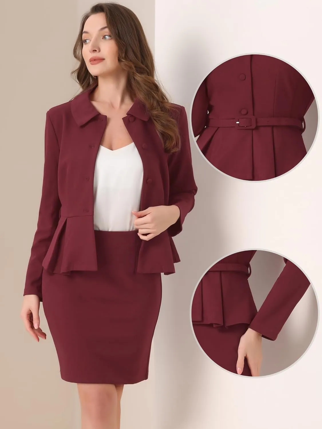 Allegra K Two Pieces Suits for Women's Business Peplum Blazer Jacket Mini Pencil Skirt Sets
