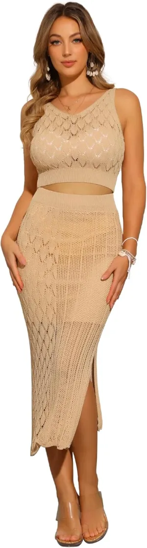 Allegra K Women's 2 Piece Cover Up Crochet Set Hollow Out V Neck Crop Top Slit Skirt Outfit