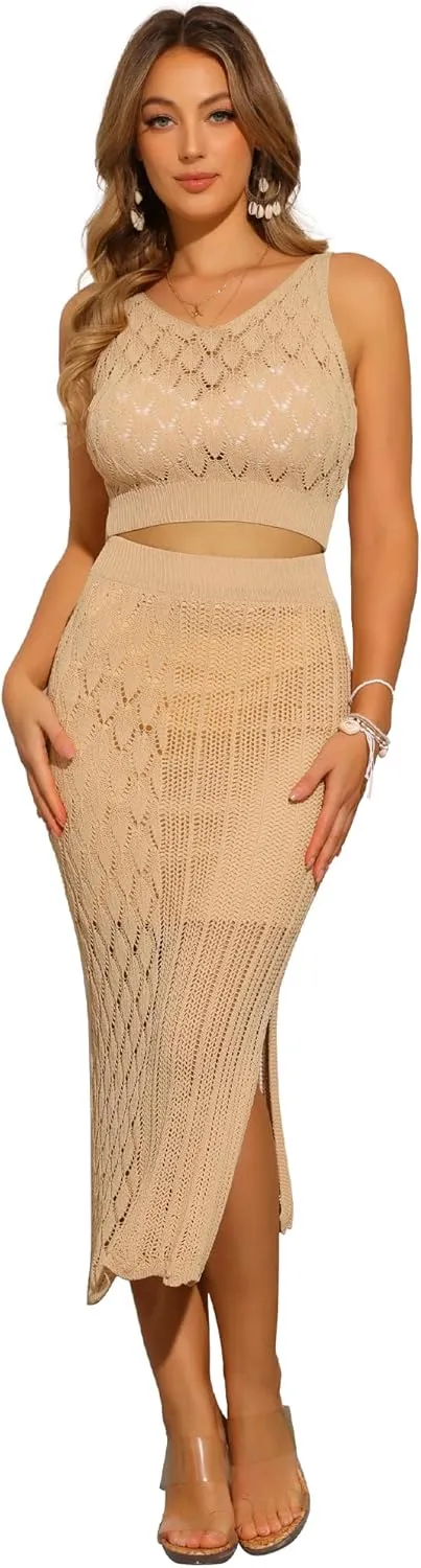 Allegra K Women's 2 Piece Cover Up Crochet Set Hollow Out V Neck Crop Top Slit Skirt Outfit