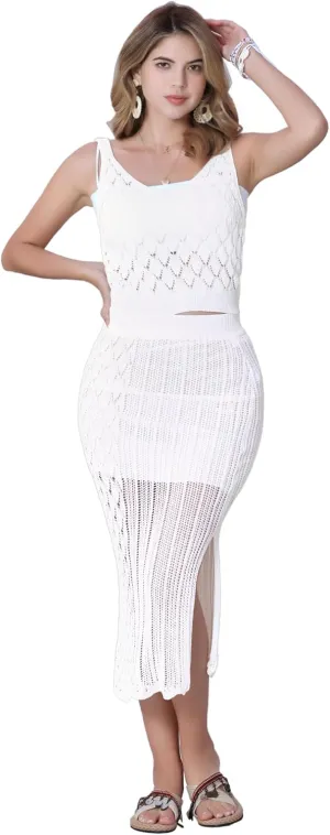 Allegra K Women's 2 Piece Cover Up Crochet Set Hollow Out V Neck Crop Top Slit Skirt Outfit